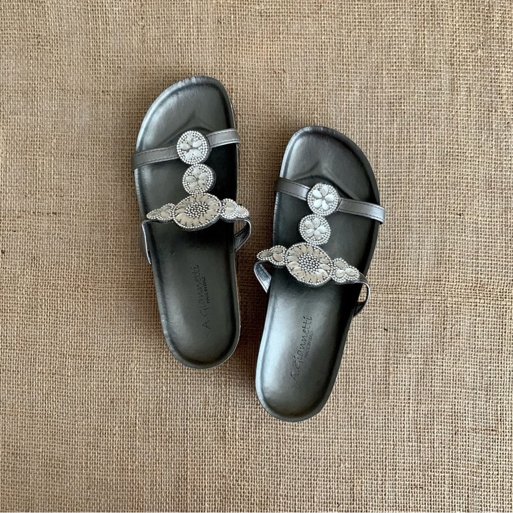 A. GIANETTI Slide-on Sandal Flip Flop Shoes Silver Sparkle Kork Bottom 7